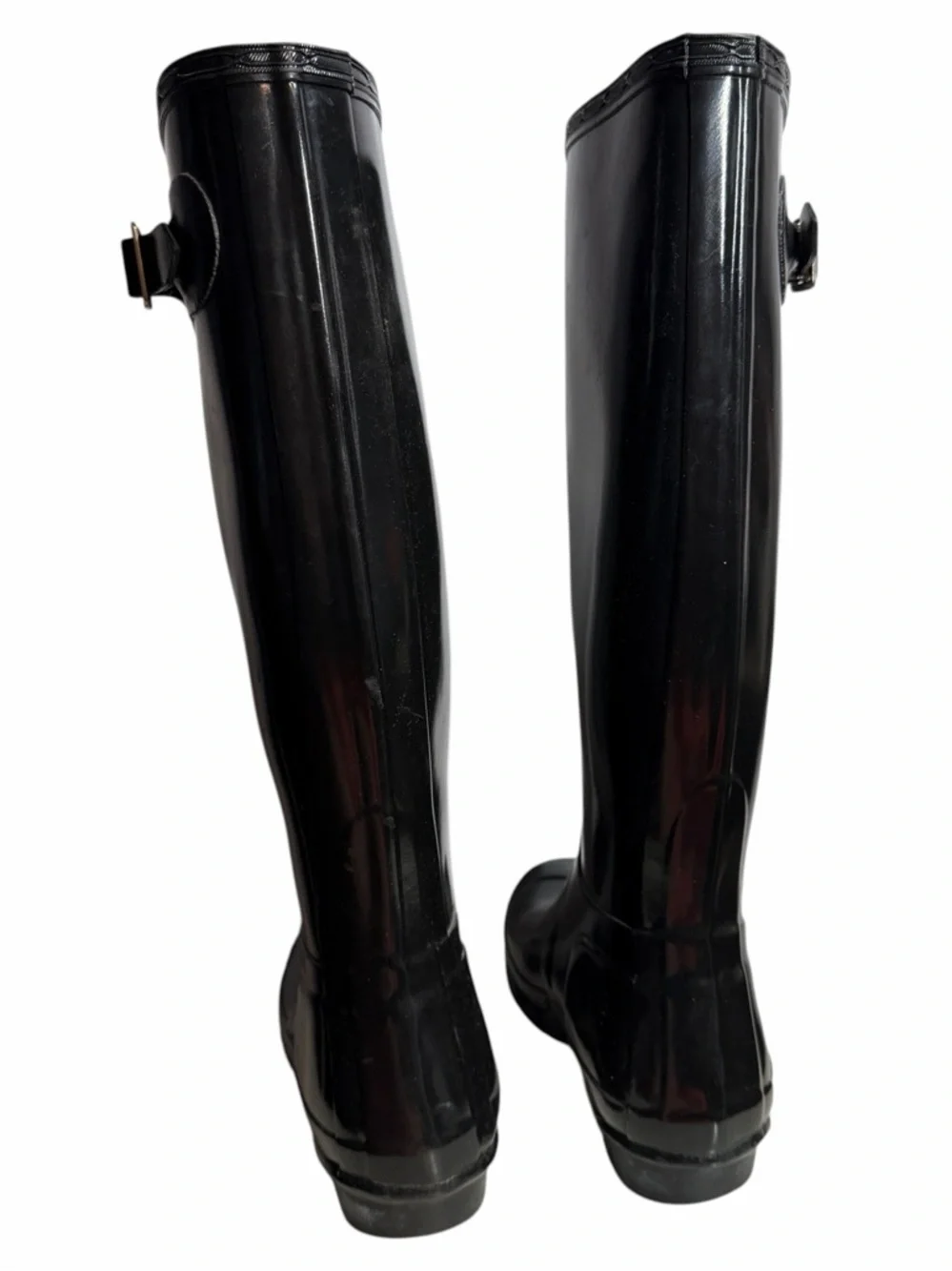 Hunter Gloss Black Knee-High Rain Boots with Side Buckle - Women’s Size 6